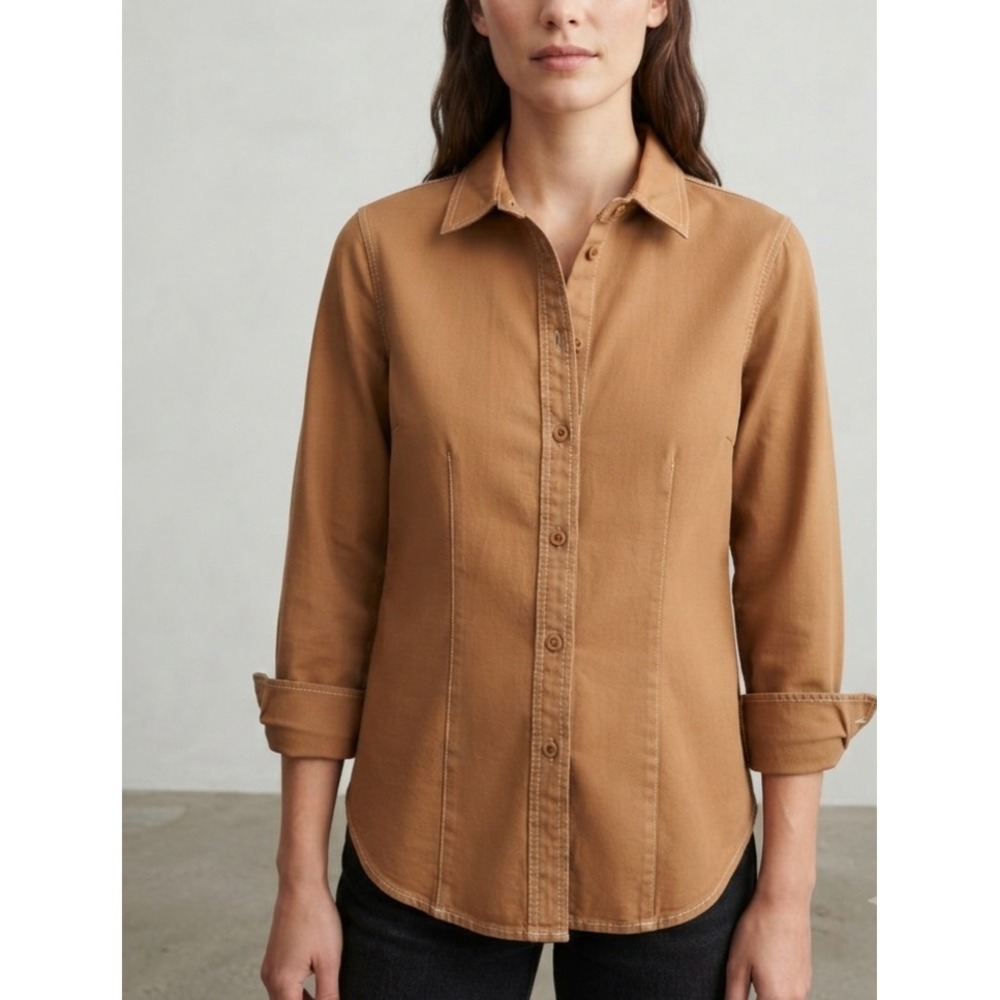 Madewell Fitted Twill Button Down Shirt Contrast Stitch Camel Brown 4 NN943